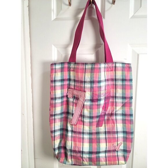 Vintage American Eagle Pink Plaid Canvas Tote Bag With 7 Patch - Picture 2 of 8
